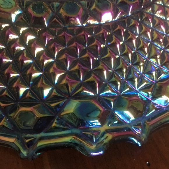 Vintage Indiana Glass Blue Iridescent Diamond Point Ruffled Trim Hostess Plate - Picture 8 of 13
